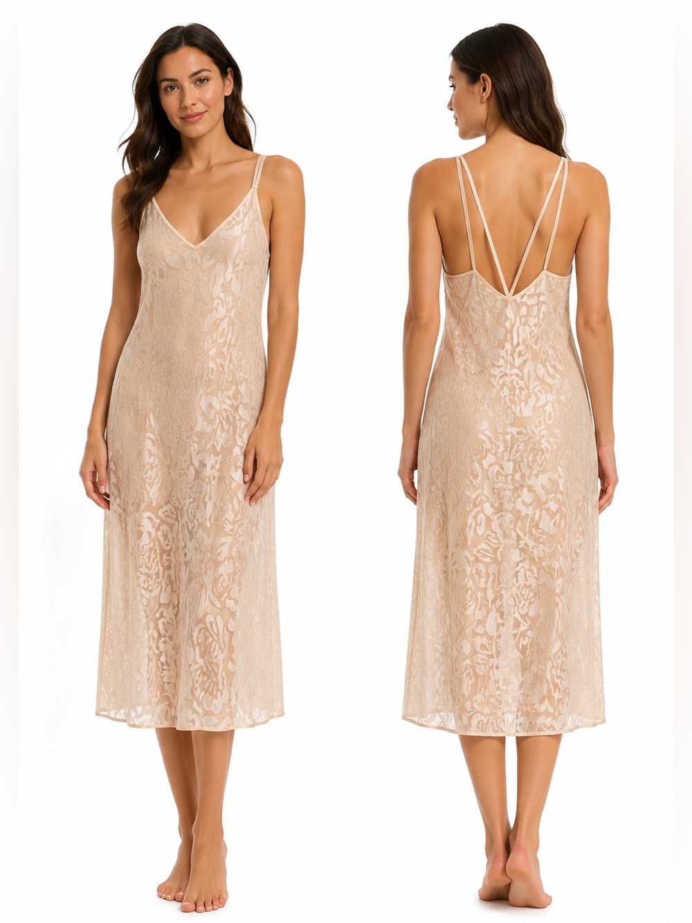 Versailles Vintage Sheer Burnout Floral Slip Dress L Blush Nightgown